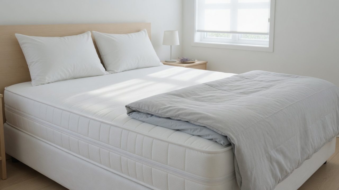 Weiß bezogene Matratze in einem ruhigen Schlafzimmer