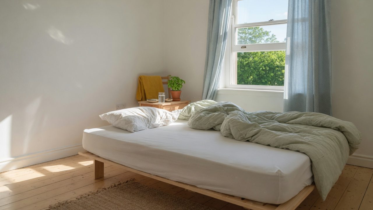 Aufgeschlagenes Bett am offenen Fenster zum Lüften der Matratze